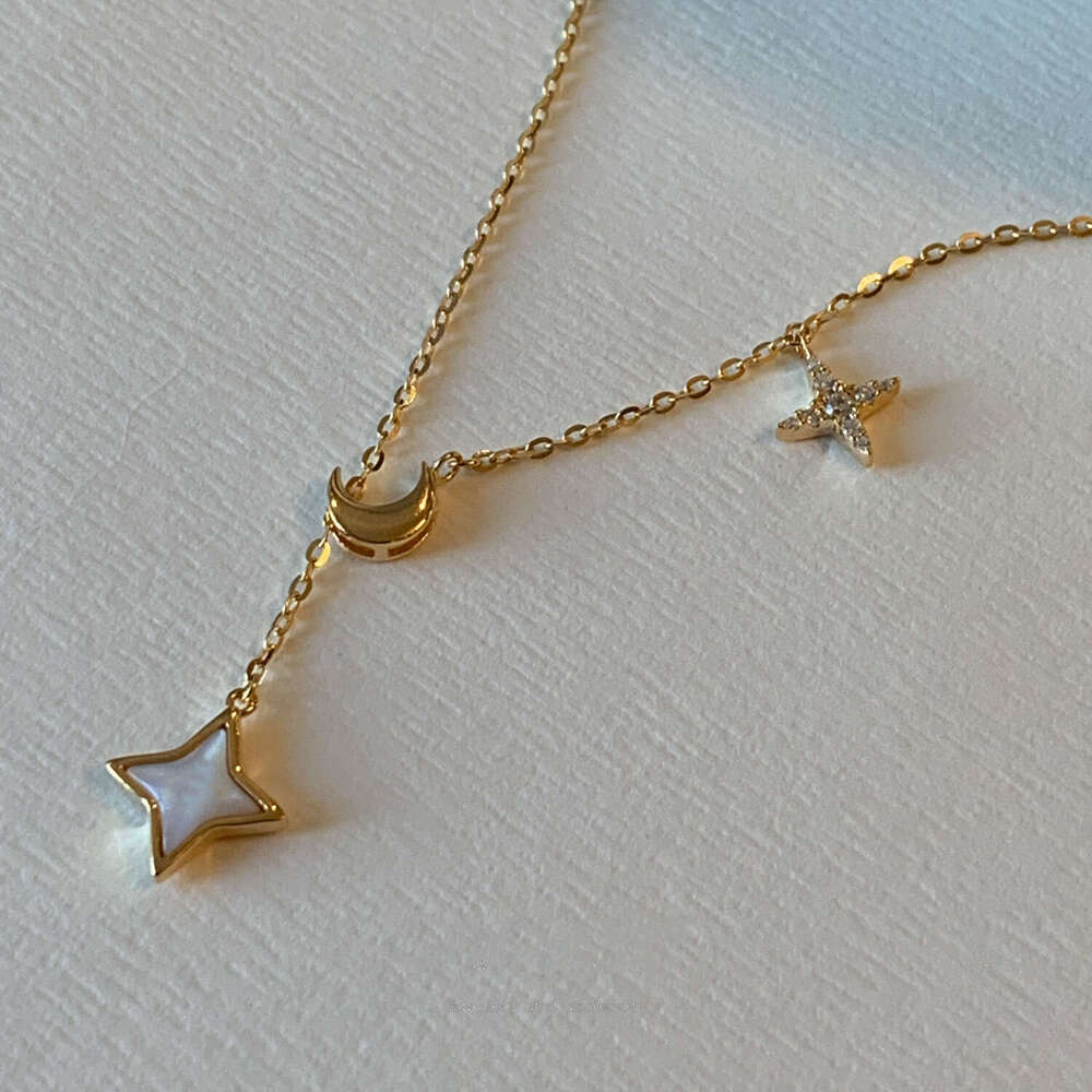 S Pure Sier Gold-Plated Star Moon White Shell Pendant Tassel Necklace for Women Elegant and Exquisite Collarbone Chain