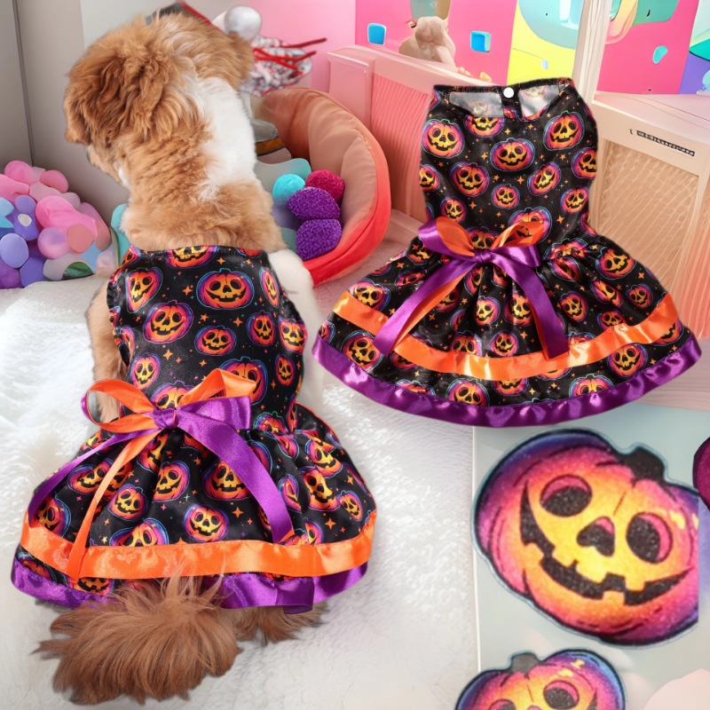 Halloween Dog Dress with Pumpkin & Skull Prints, Mesh Skirt & Big Bowknot, Festive Party Costume, for Dogs 2-14kg, Perfect for Halloween Parties, Them