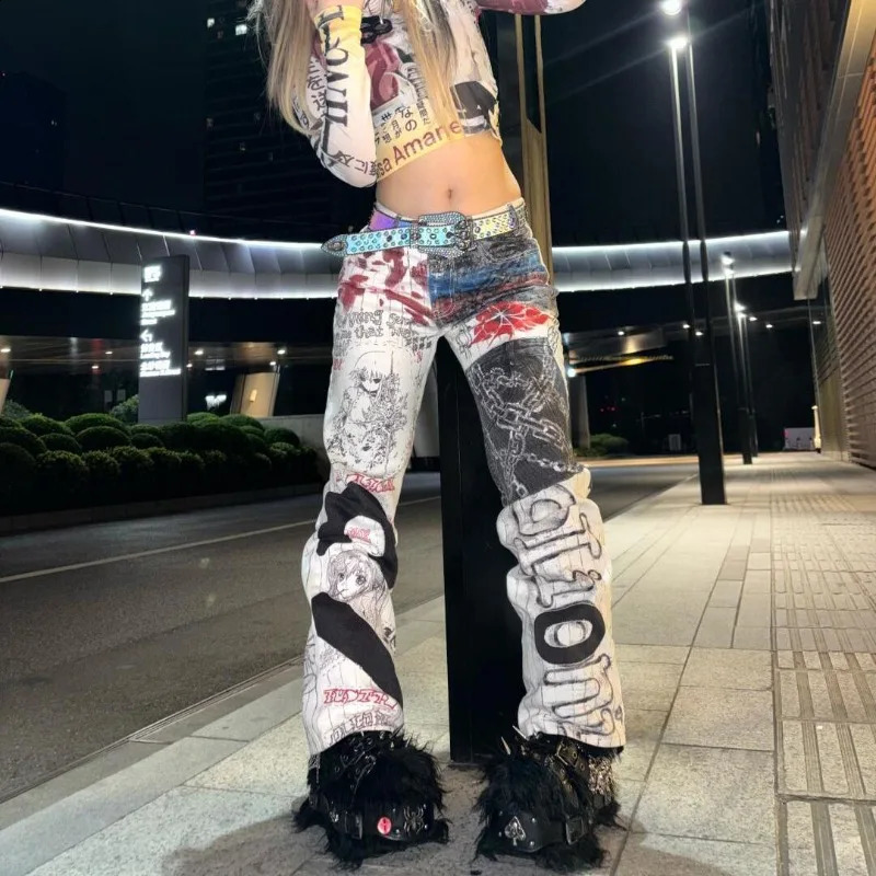 Y2K High Street Retro Graffiti Printed Baggy Jeans Women Streetwear Hip Hop Loose Japanese Millennium Casual Straight 250911