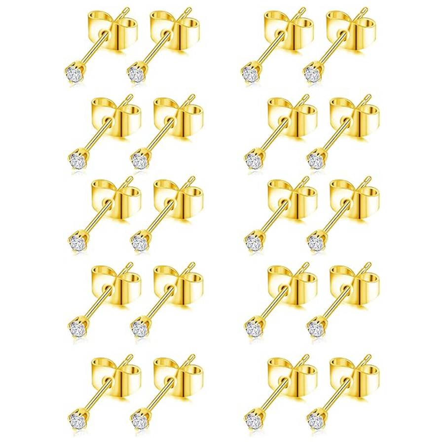 10 Pairs 20G 2mm Tiny Stud Earrings 316L Stainless Steel Small CZ Earring Set For Men Women Gold Tone
