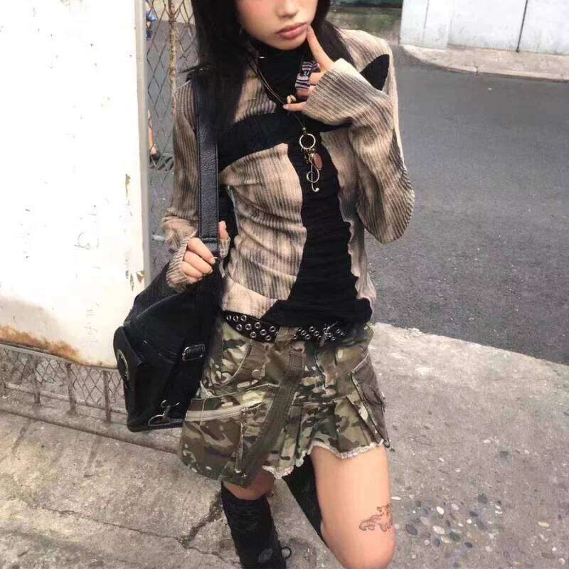Women Y2k Clothing Ribbed Vintage Haruku Cross Print T-Shirt Grunge Aesthetic Long Sleeve Patchwork Tops Trend 2000S