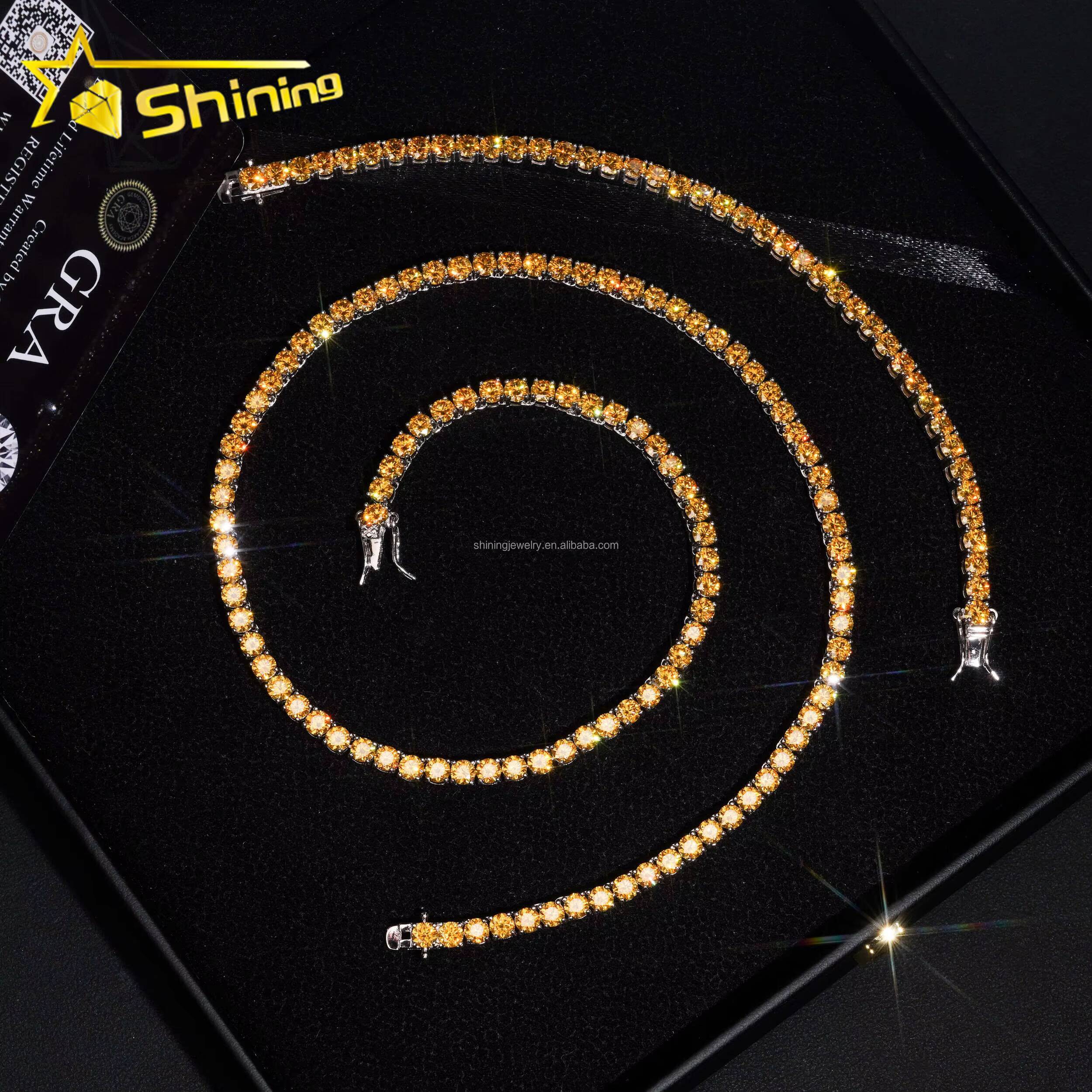 Hip Hop Jewelry New Style 925 Silver 3mm 4mm Yellow Gold Color Tennis Moissanite Chain High Quality Custom Necklace for Men