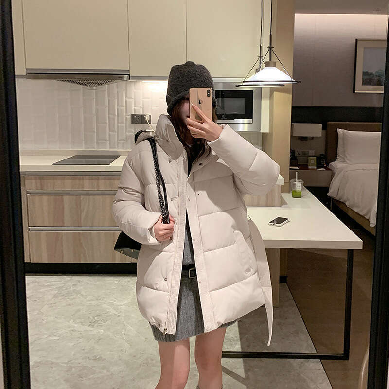 Winter New Solid Color Waist Cinched Hooded Fashion Versatile Trendy Korean Style Mid-Length Cotton Jacket for Women