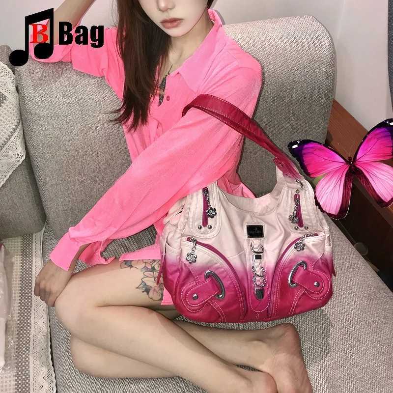 Y2k Vintage Harajuku Lolita Punk Womens Gradient soft Leather Spice Girl Handbag Flower Rivet zipper One Shoulder CrossbodyBag W250911