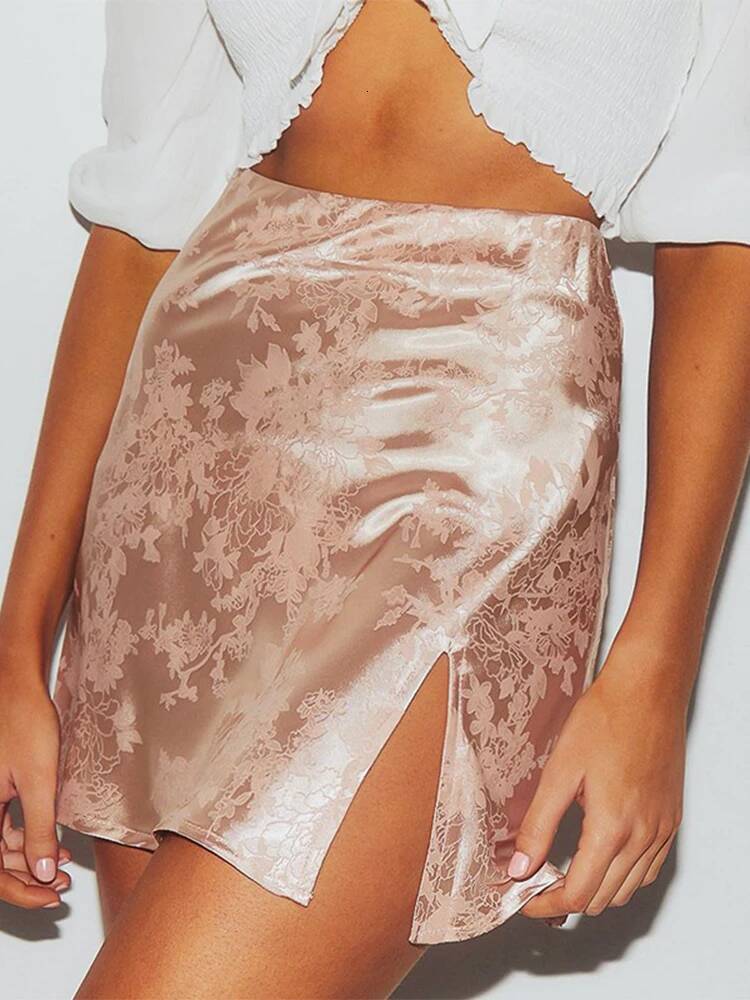 Women Summer Elegant Jacquard Satin Short Sexy Waist Split Mini Vintage Zipper Skirt High Street dongdumaoyi