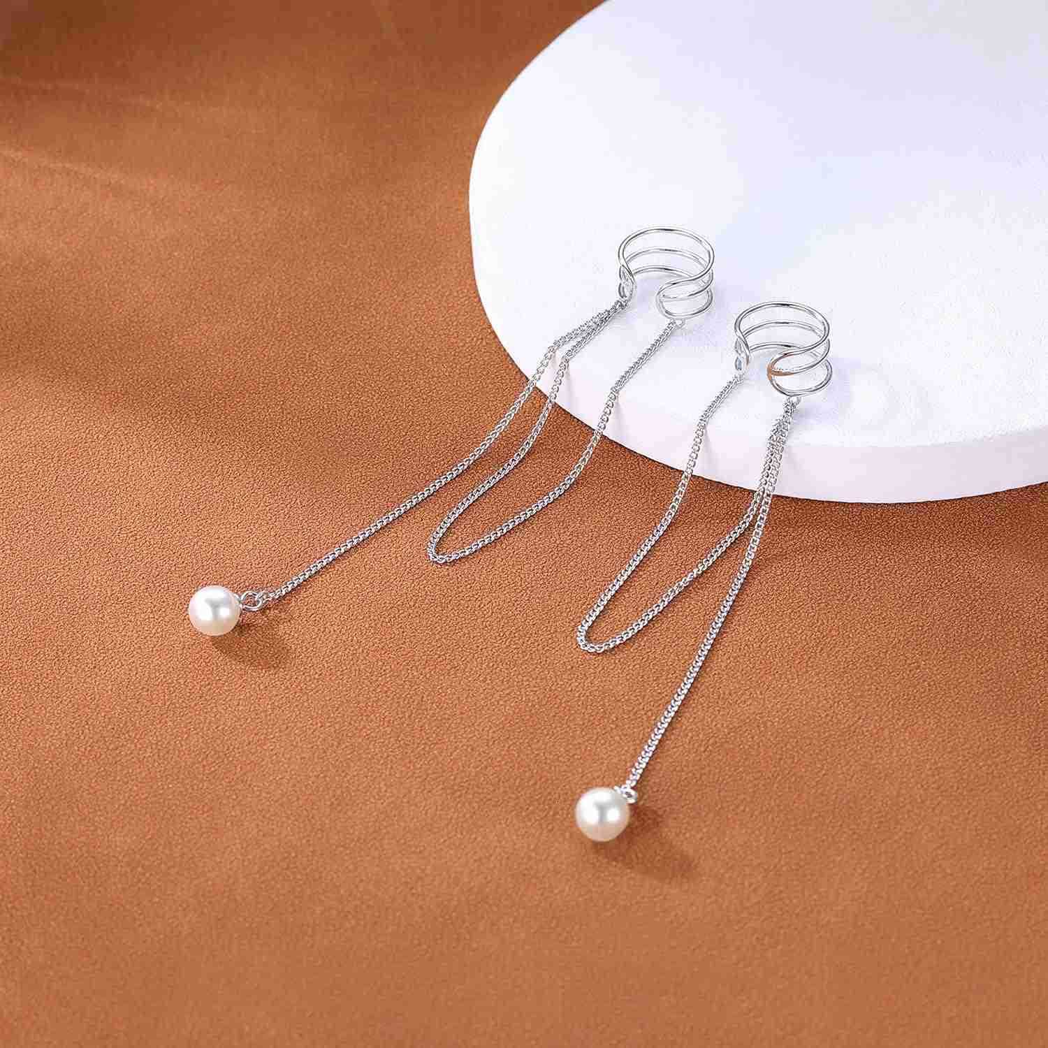 925 Sterling Silver No Piercing Cuff Earrings Chain for Women Wrap Earrings Pearl Tassel Clip On EarW250911