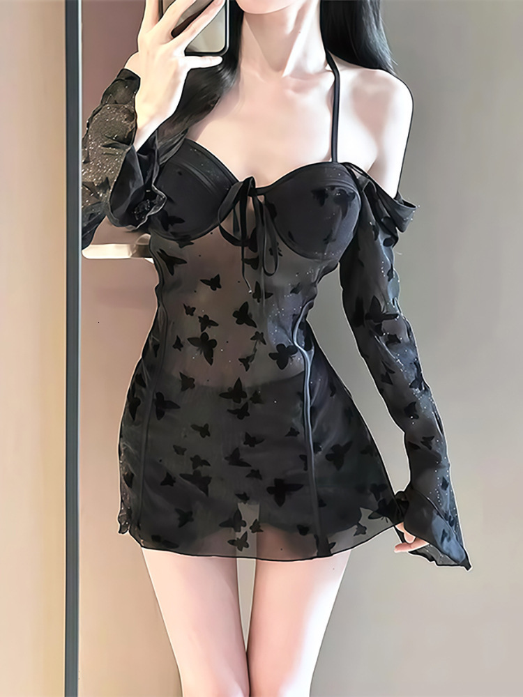 Black Butterfly Shimmer One-Piece Swimsuit for Women, Long Sleeve, Slimming, Sheer, Sexy, Small Chest, Gathered, Hot Spring