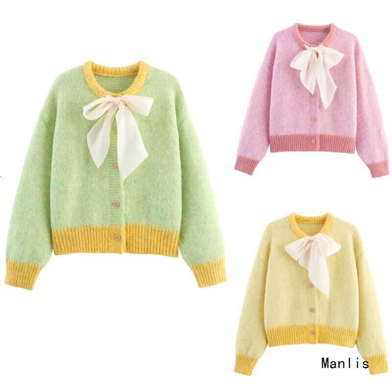 DHEssentials Ins Style 2025 New Fashionable Elegant Women's Bowknot Decorated Knitted Cardigan