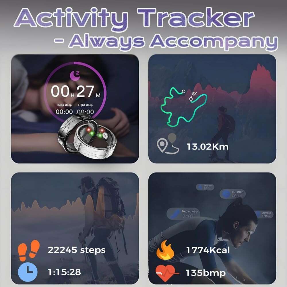 Smart Sleep Tracking Heart Rate Monitor Pedometer, Waterproof Activity Tracker Fiess Ring Steps Counter, Gesture Controls for Short Video, 8 Days Last