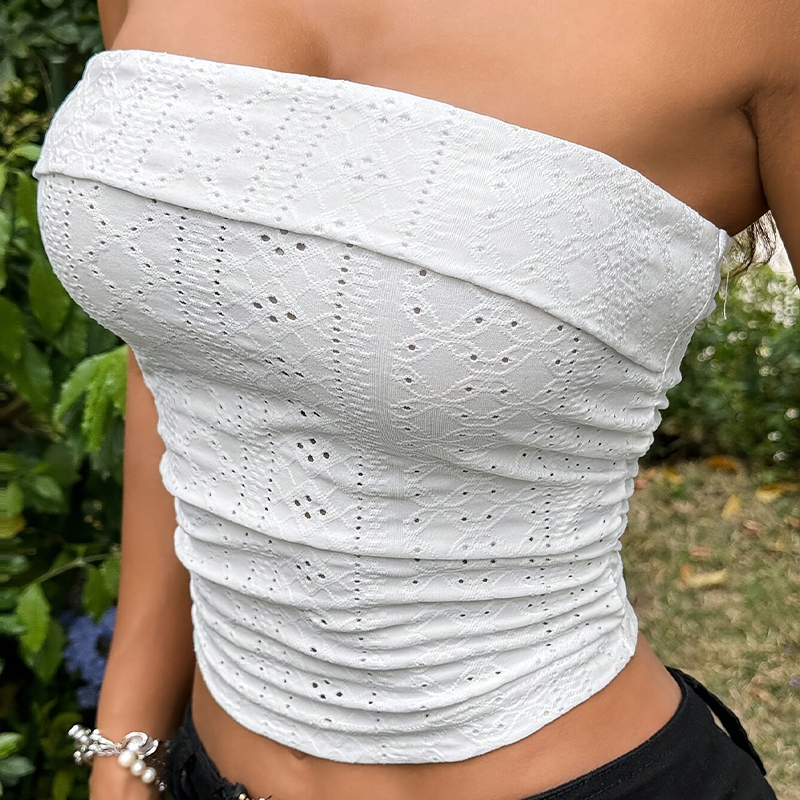Hot girl street jacquard semi-transparent one-shoulder slimming strapless back trendy solid color versatile top