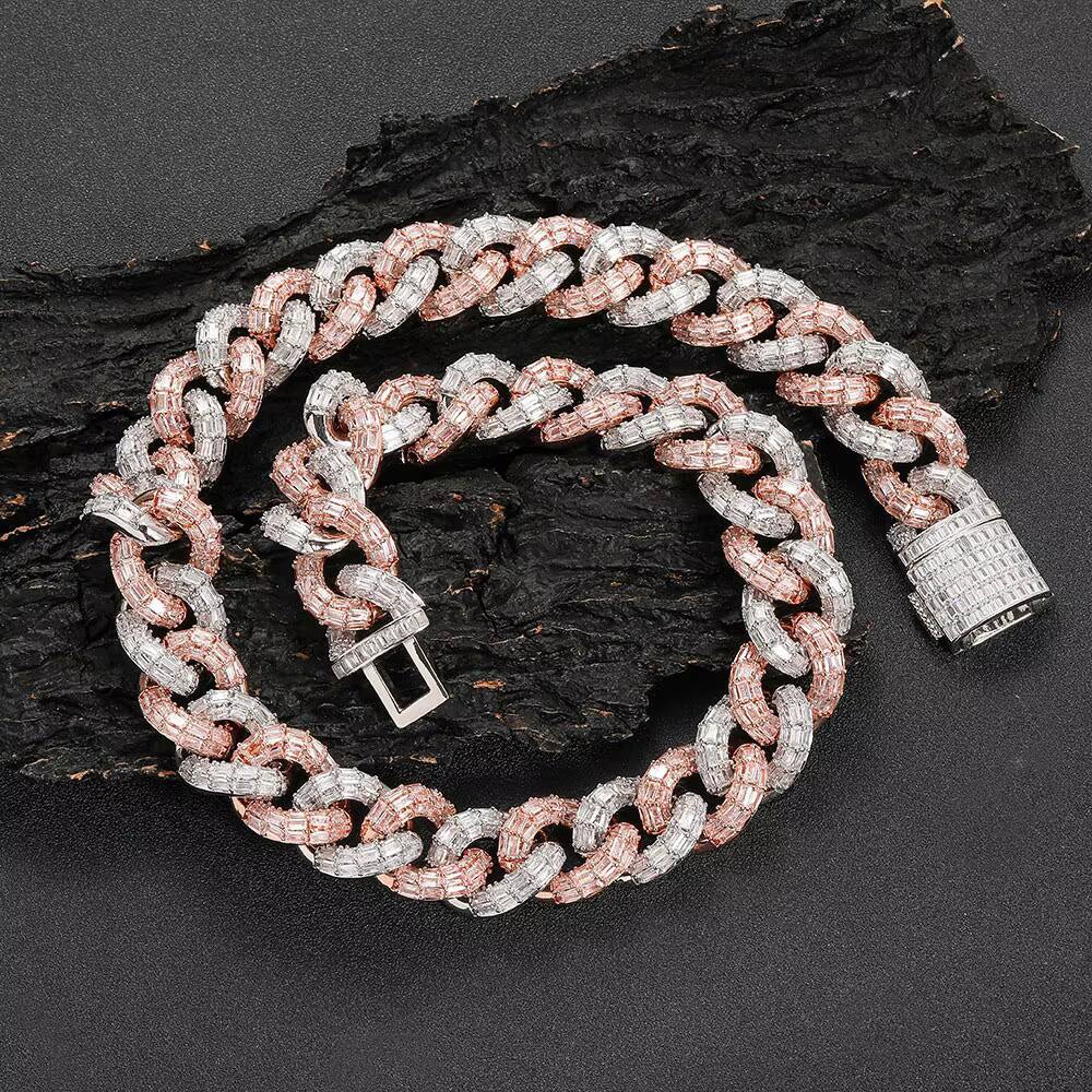 NUOYA High Quality Hip Hop Two Tone Cuban Link Necklace Women Baguette CZ Diamond Chunky Chain Brass Necklace for Men Woman