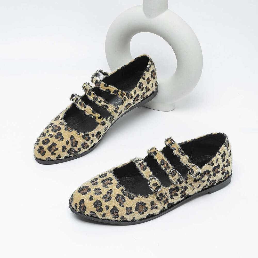 Plus Size Women's Round Toe Designer Shoe Shallow Mouth Thick Sole Non-Slip Horsehair Leopard Print Single Three-Strap Mary Jane Shoes