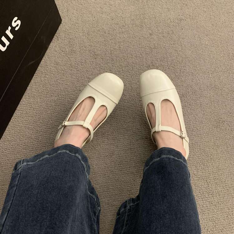 French Style Squ Toe Shallow Mouth Mary Jane for Women Summer Designer Shoe New Grandma Casual T-Buckle Flat Single Shoes