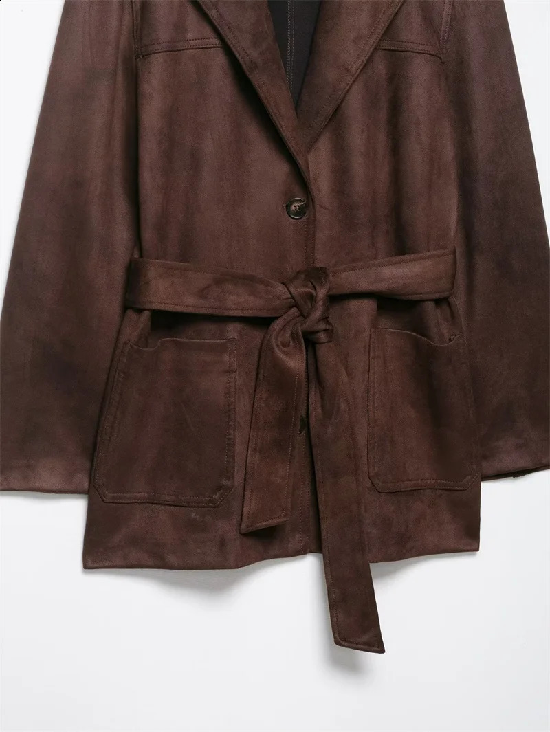 Womens Jacket Fall Russet Long Sleeve Suede Effect with Belt Casual Fashion Personality Versatile 250911