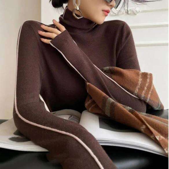 Women s Sweaters Pullovers Women Striped Turtleneck Warm Knitted Sweater Spring Fall Y K Elegant Korean Office Lady Simple Design Bottom