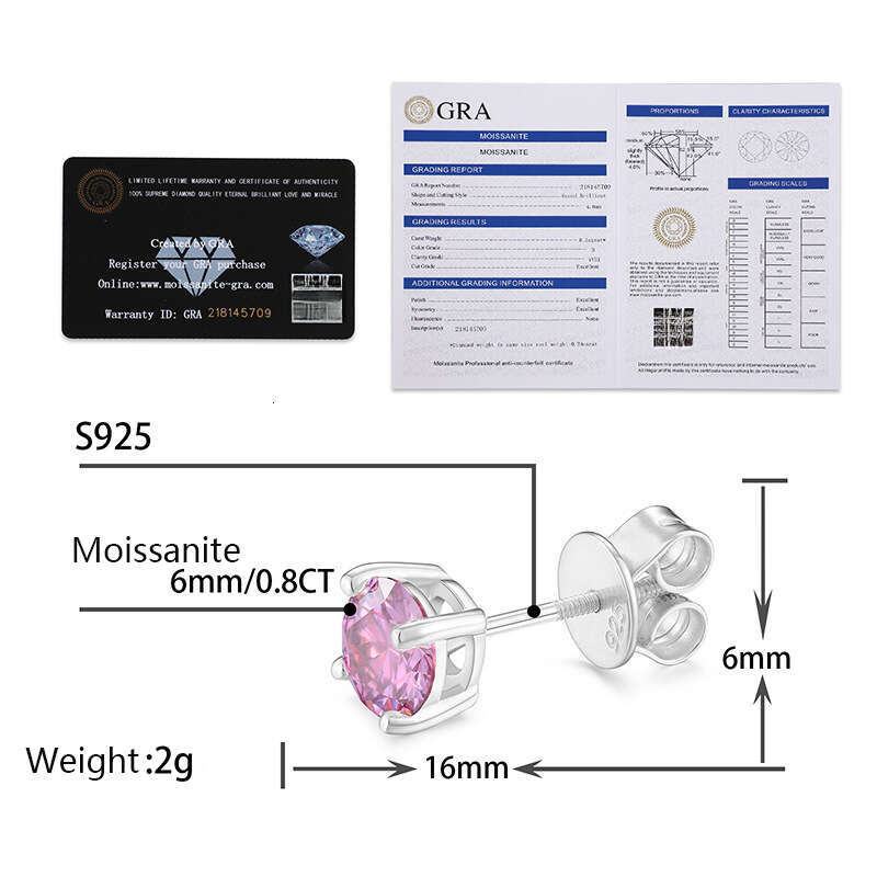 S Screw Back Men Sier Gold Earrings for Women Red Yellow Blue Moissanite Round Stud Earring