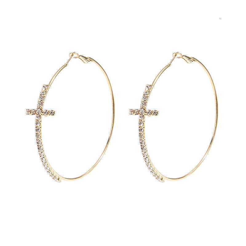 Accessories Gold Cross Inlaid with Dias Simple Hoop Unique Exaggerated Circle Earrings Studs for Women