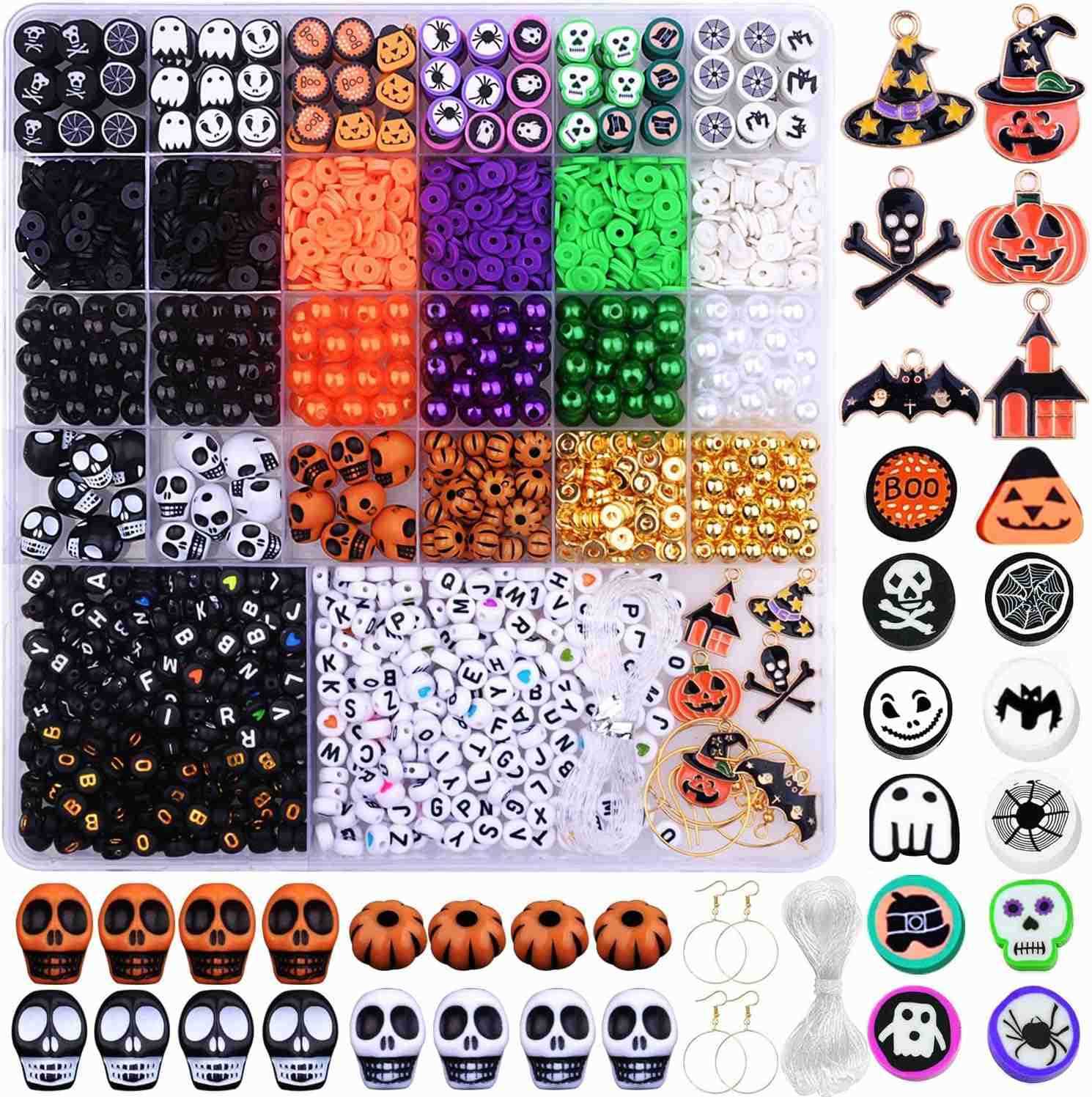 2088pcs Halloween Polymer Clay Beads Making kit 24 Style Cute Fun Beads Skull Pumpkin Beads Charms for Jewelry Necklace Earring Making DIY Accessories