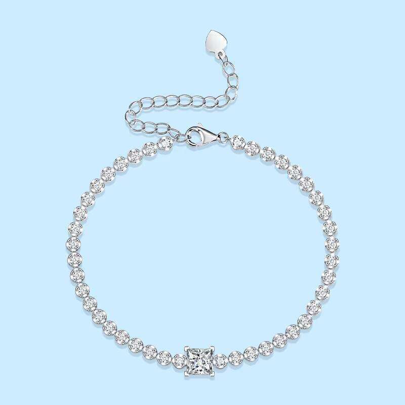 Sterling Gold Plated Chain 1ct Baguette Square Dia Moissanite Sier Link Classic Bracelet