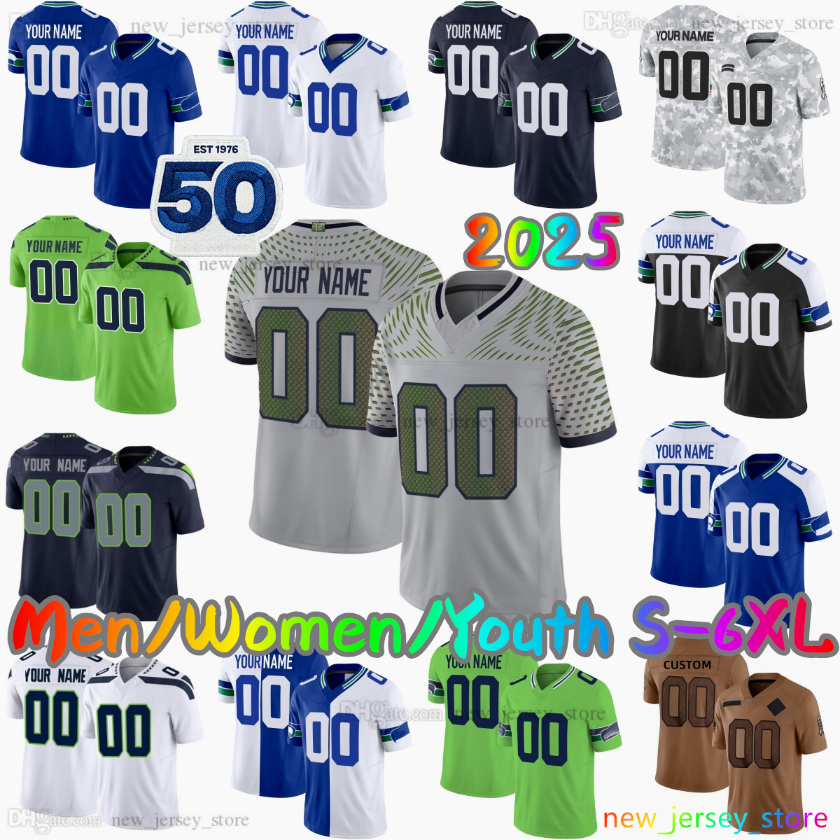 2025 Custom S-6XL DIY 91 Byron Murphy II Football Jersey 11 Jaxon Smith-Njigba 14 Sam Darnold 8 Coby Bryant 21 Devon Witherspoon 9 Kenneth Walker III Stitched Jerseys