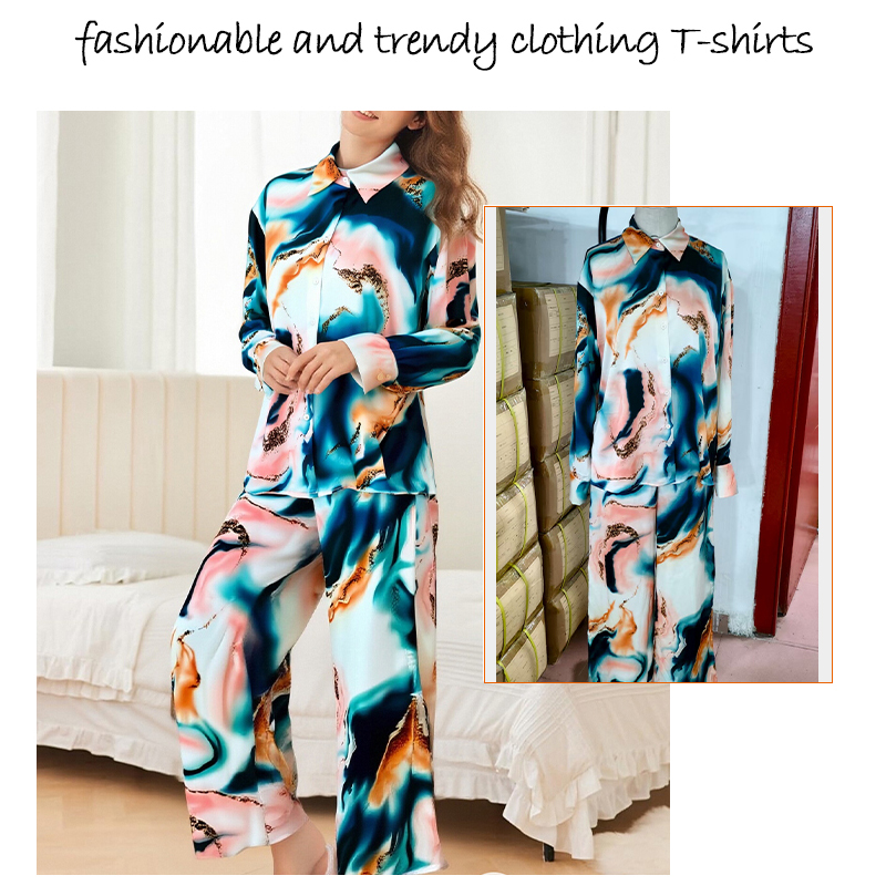 Women's Sleep & Lounge Women's Silk - like Pajama Set with Colorful Abstract Print - Long Sleeve Shirt and Wide - leg Pants