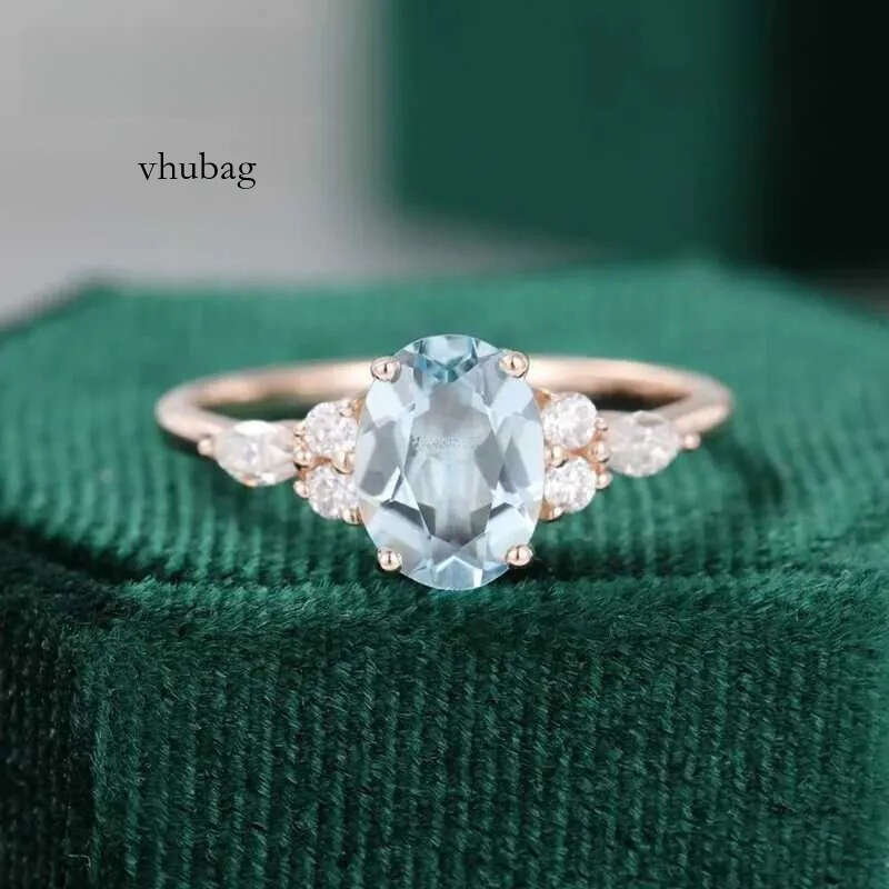 Band Rings Oval Natural Aquamarine Engagement Vintage Unique Marquise cut Cluster Moissanite Ring Solid 14K/10K Rose Gold Wedding GiftL240105