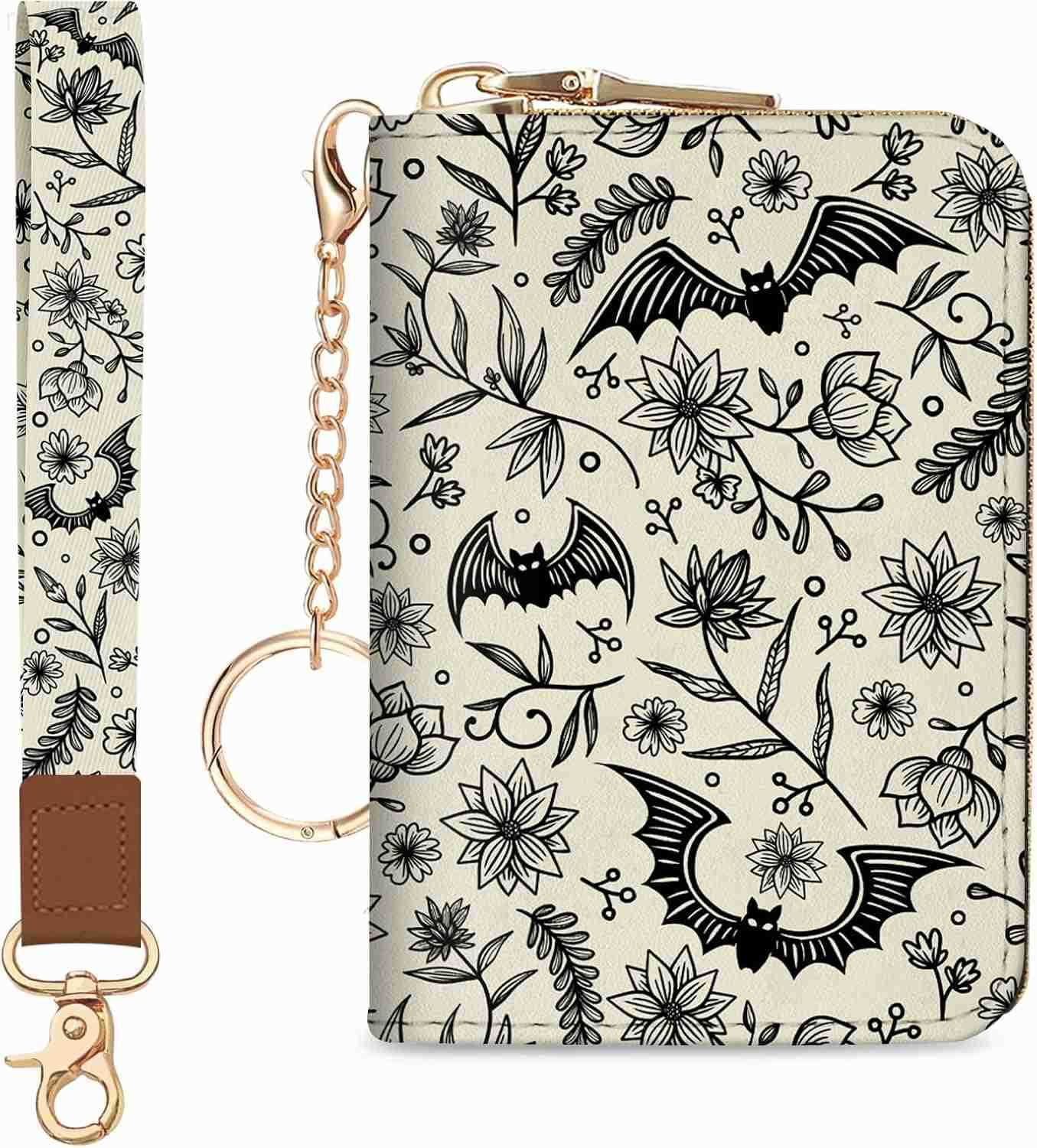 Credit Card Holder for Women Goth Small RFID Blocking Wallet with Wristlet Strap Gothic Zipper Keychain Women Wallet Leather Card Case Wallet Purse wi