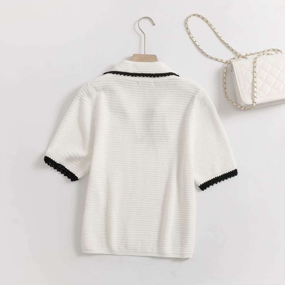 DHEssentials Spring New Women's Small Fragrance Style Elegant Fashion Polo Collar Crochet Short Sleeve Knitted Shirt 05731683712