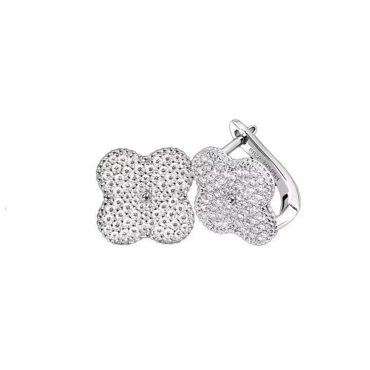Certified Women's Sterling Sier Moissanite Flower Earrings with Four-leaf Clover Clip Full Cluster