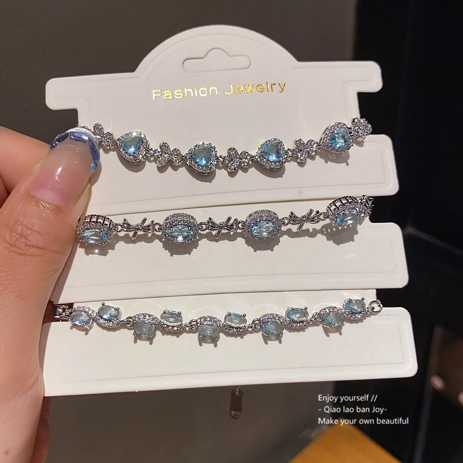 Silver - Toned Bracelet With Aquamarine - Hued Oval Crystals, Sparkly Pave Accents Delicate Daily & Elegant Jewelry Gift For Her High - Quality And Ch