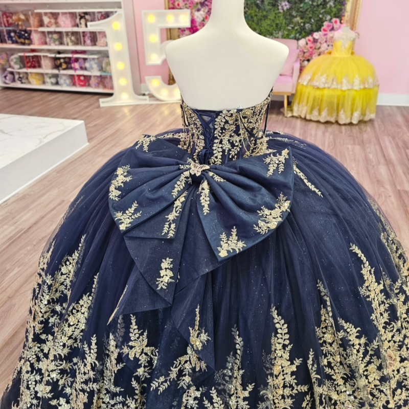 Navy Blue Ball Gown Quinceanera Dresses Off The Shoulder Applique Lace Beads Bow Tull Party Birthday Sweet 16 Dress Vestidos 15 De Anos