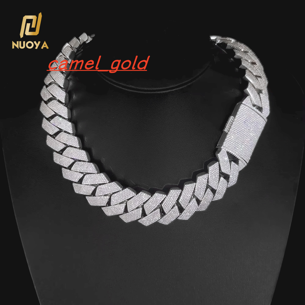 NUOYA Womens Fine Jewelry 25mm Iced Prong Cuban Link Chain Silver Plated Brass 6 ROW Diamond Cuban Chains Hip Hop Necklace