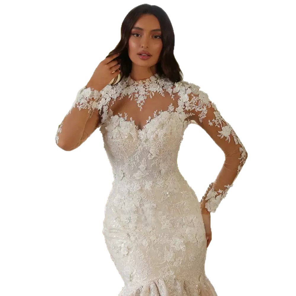 Vintage Mermaid Wedding Dress 2026 High Neck 3D Flowers Lace Appliques Long Illsuion Sleeves Sequins Beads Bridal Gowns Vestidos De Novia