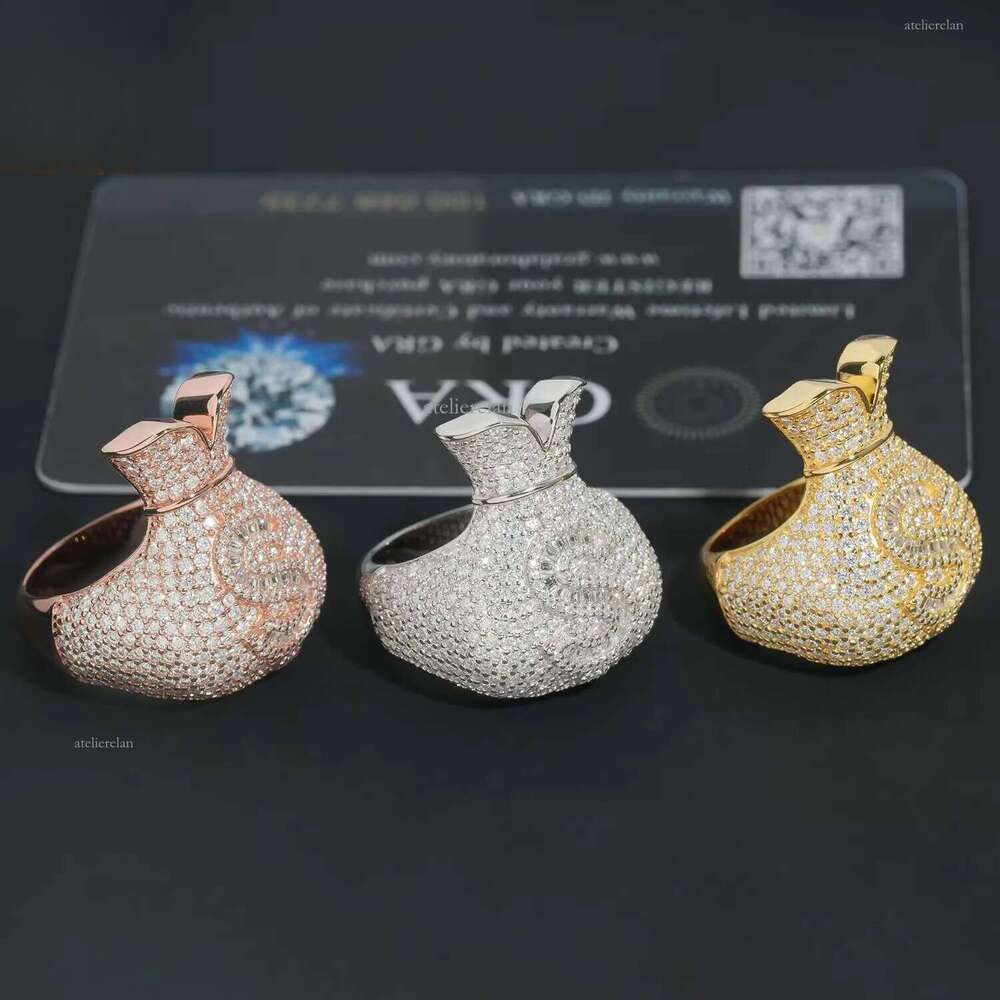 Hip Hop Jewelry Money Bag US Dollar Rings Sterling Sier Gold Plated Ice Out Vvs Moissanite Fully Dia for Men