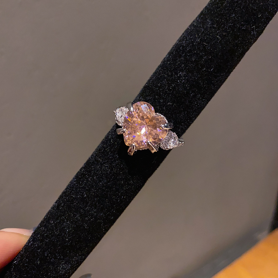 Silver - Toned Ring With Pinkish Orange Heart - Shaped Crystal, Accent Stones Detail Delicate Daily & Elegant Jewelry Gift For Her High - Quality And 