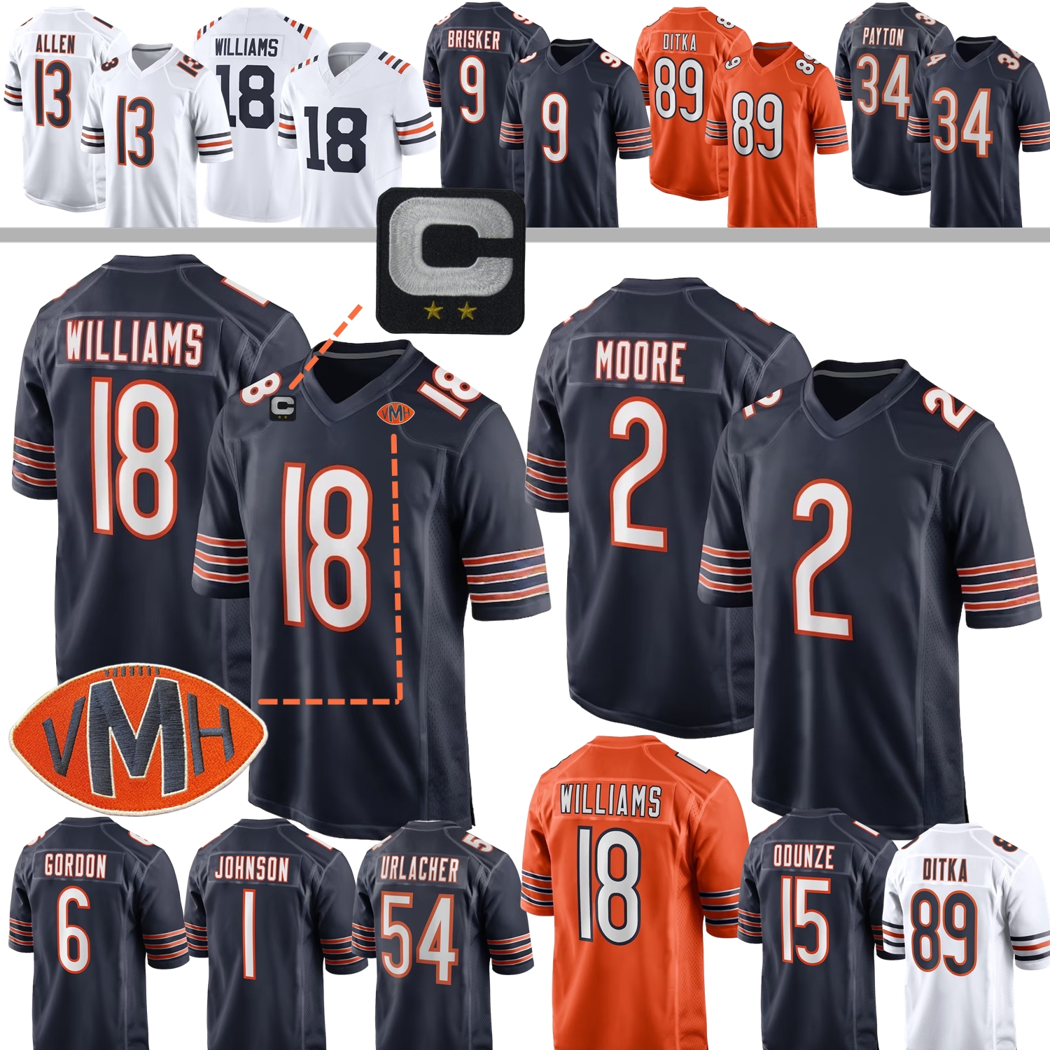 Custom Football Jersey Caleb Williams D.J. Moore Walter Payton Rome Odunze Kmet D'Andre Swift Burden III Loveland Duvernay Homer Byard Sayers Butkus Ditka Urlacher 4XL