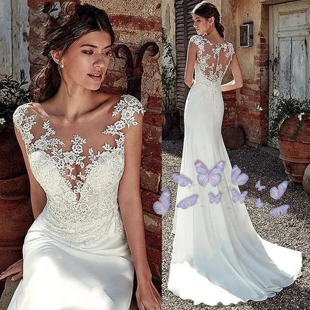 Beautiful Fascinating Mermaid Wedding Dresses Lace Appliques Mermaid Short Sleeves Bridal Gowns Sweep Train Vestido De Novia Customized