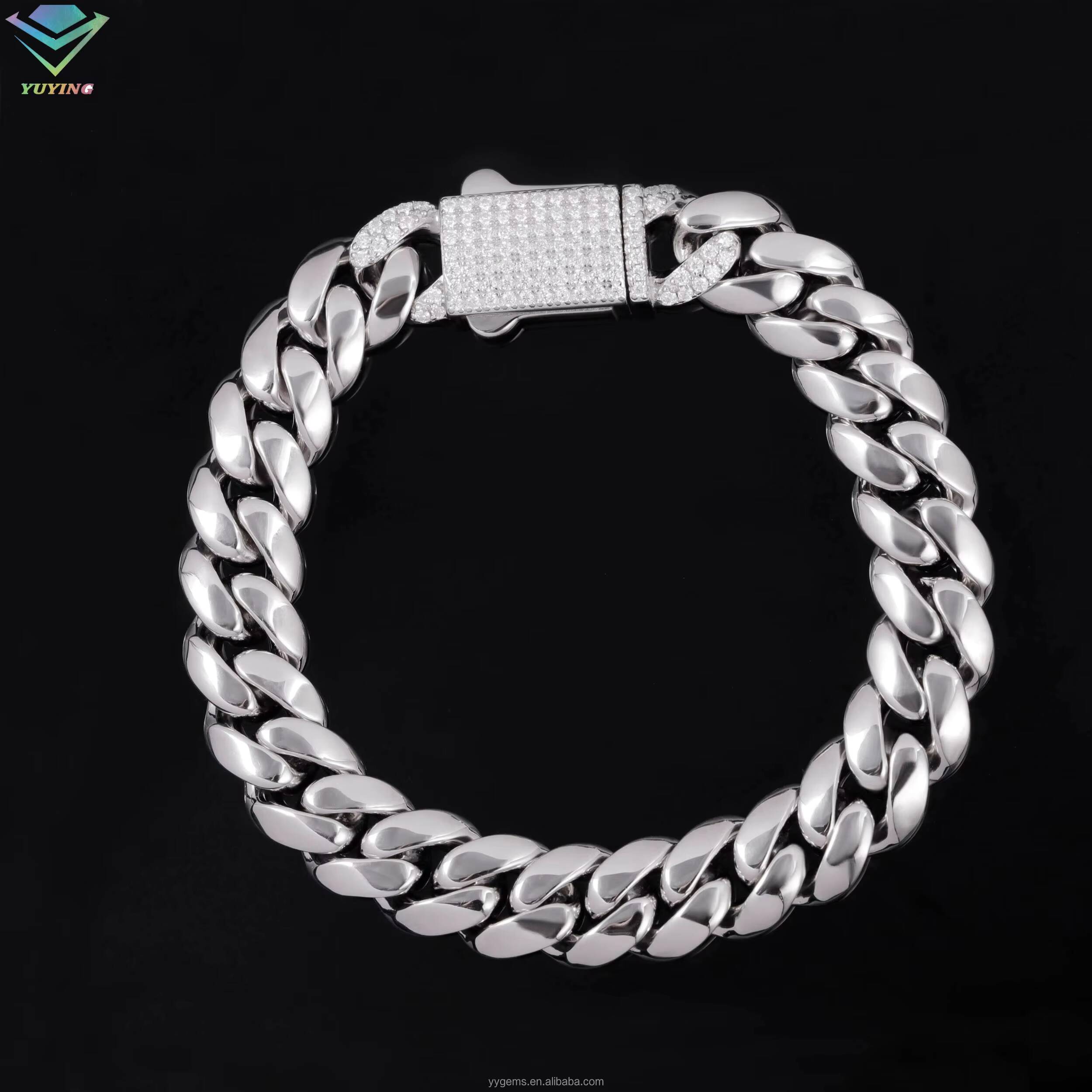 Spring/Snap Clasp White Gold Plated 8/10/13MM Miami Cuban Link Solid 925 Silver Plain Chain Moissanite Lock Cuban Chain Necklace