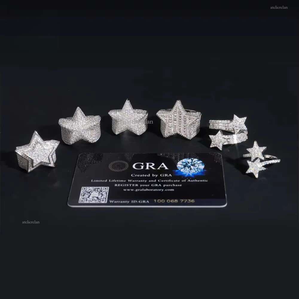Hot Sale Instock Iced Out Star Moissanite Rings Sier Hip Hop Pass Dia Tester Fashion Men Cuban Ring