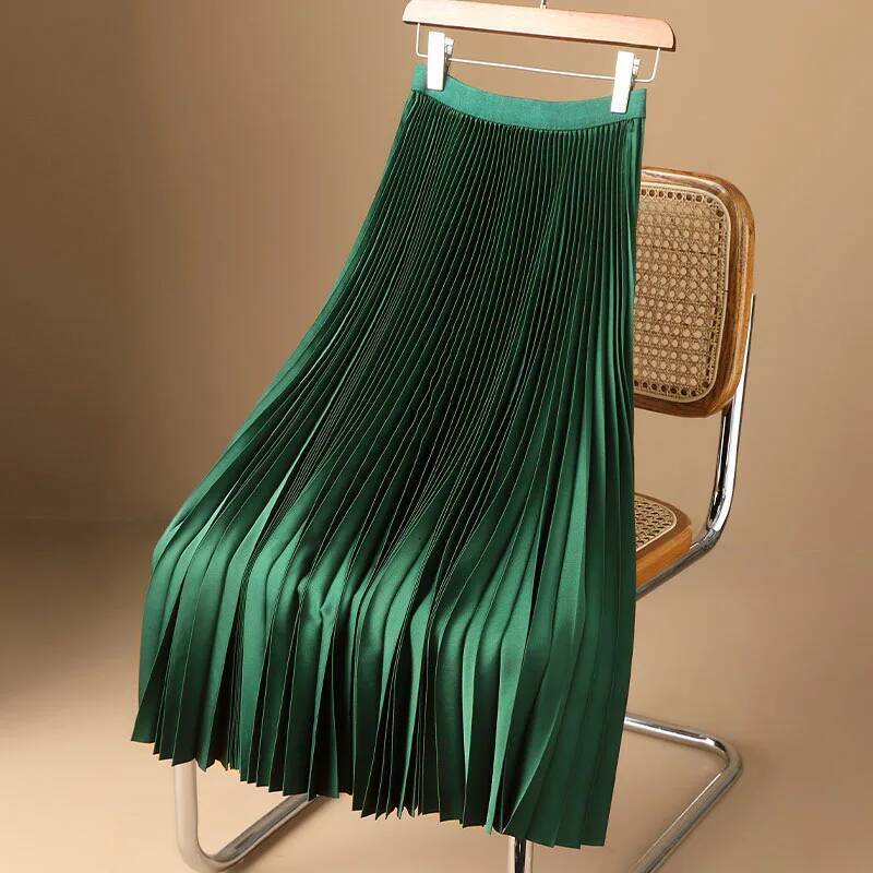 Women Vintage Midi Wide Elastic Waistband High Waist Pleated A-Line Skirt Summer Solid Color Smooth Satin Long Skirts dongdumaoyi
