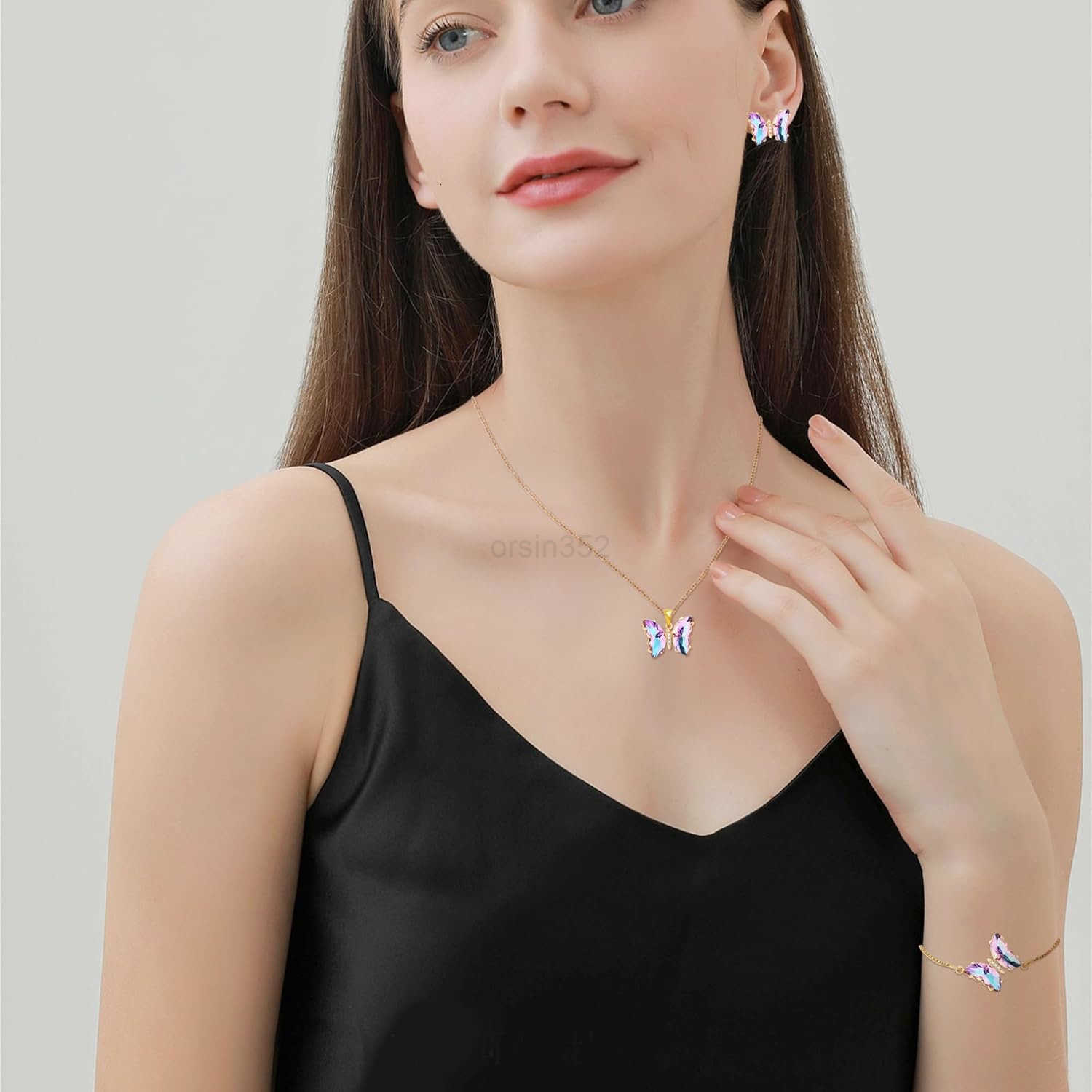 Butterfly Crystal Jewelry Set with Butterfly Necklace Stud Earrings Bolo Adjustable Ring for Women Trendy Iridescent Y2K Dainty Butterfly JeweW250911