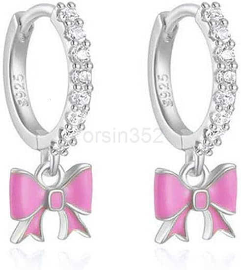 Cute Bow Pink Enamel Ribbon Charm CZ Small Hoop Earrings for Women Cartilage Dainty 925 Sterling Silver Post Gold Plated Bowknot Tiny Mini Huggie Hoop