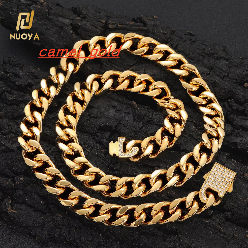 NUOYA Hip Hop Cuban Curb Link CNC Inlaid Zircon Iced Clasp 18k Gold Plated Stainless Steel Cuban Chain Necklace