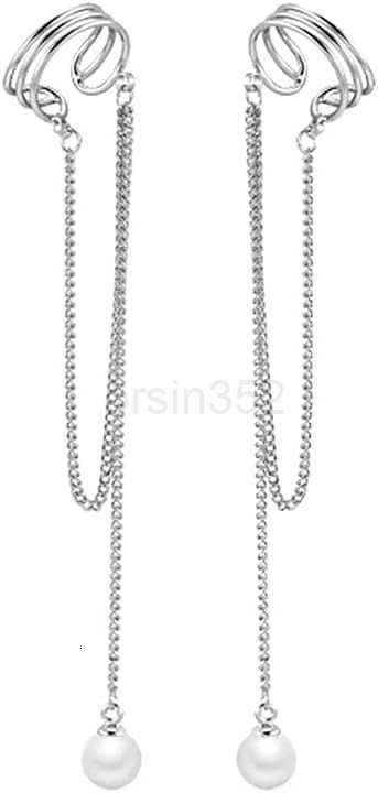 925 Sterling Silver No Piercing Cuff Earrings Chain for Women Wrap Earrings Pearl Tassel Clip On EarW250911