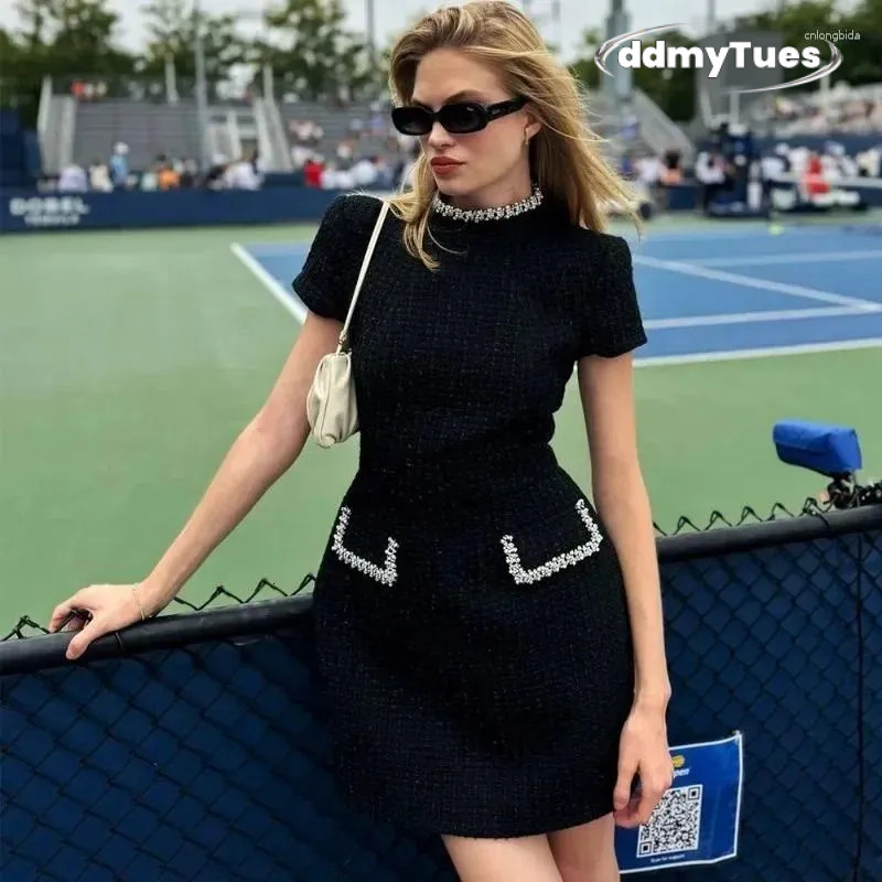 Two Piece Dress Talenza Women's Elegant Tweed A-Line Solid Slim Fit Short Sleeve Retro O-Neck Patchwork Evening ddmytues