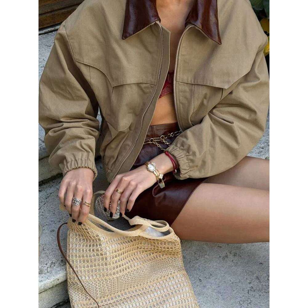 2025 Autumn Patchwork Lapel Long Sleeve Women Jackets Fashion Zipper Turn Down Collar Coats Lady Chic Pockets Outerwear Street