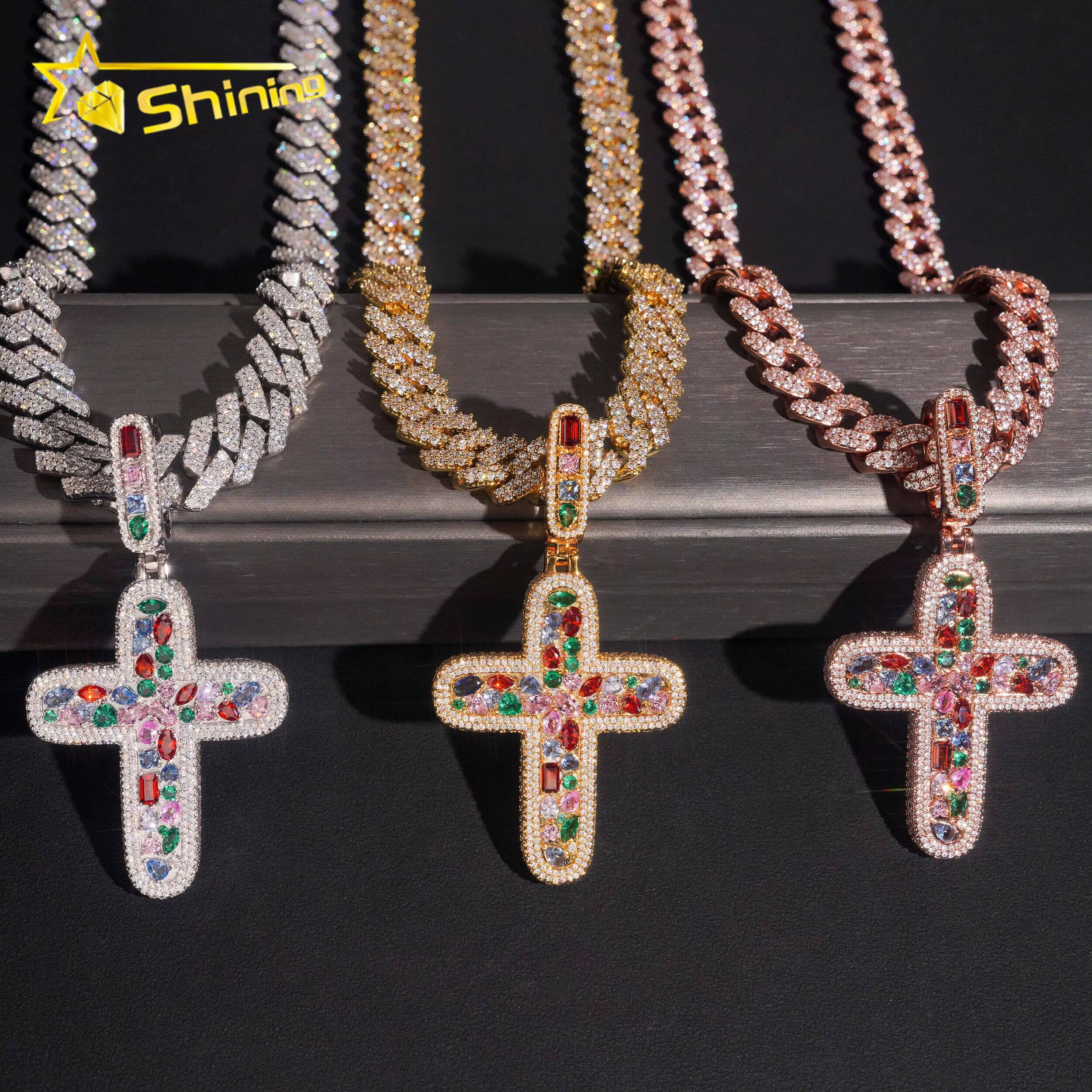 Fashion Body Jewelry Colorful CZ Iced Out Cross Pendant High Quality Men Women Brass Hip Hop Pendant Necklace Daily Wear