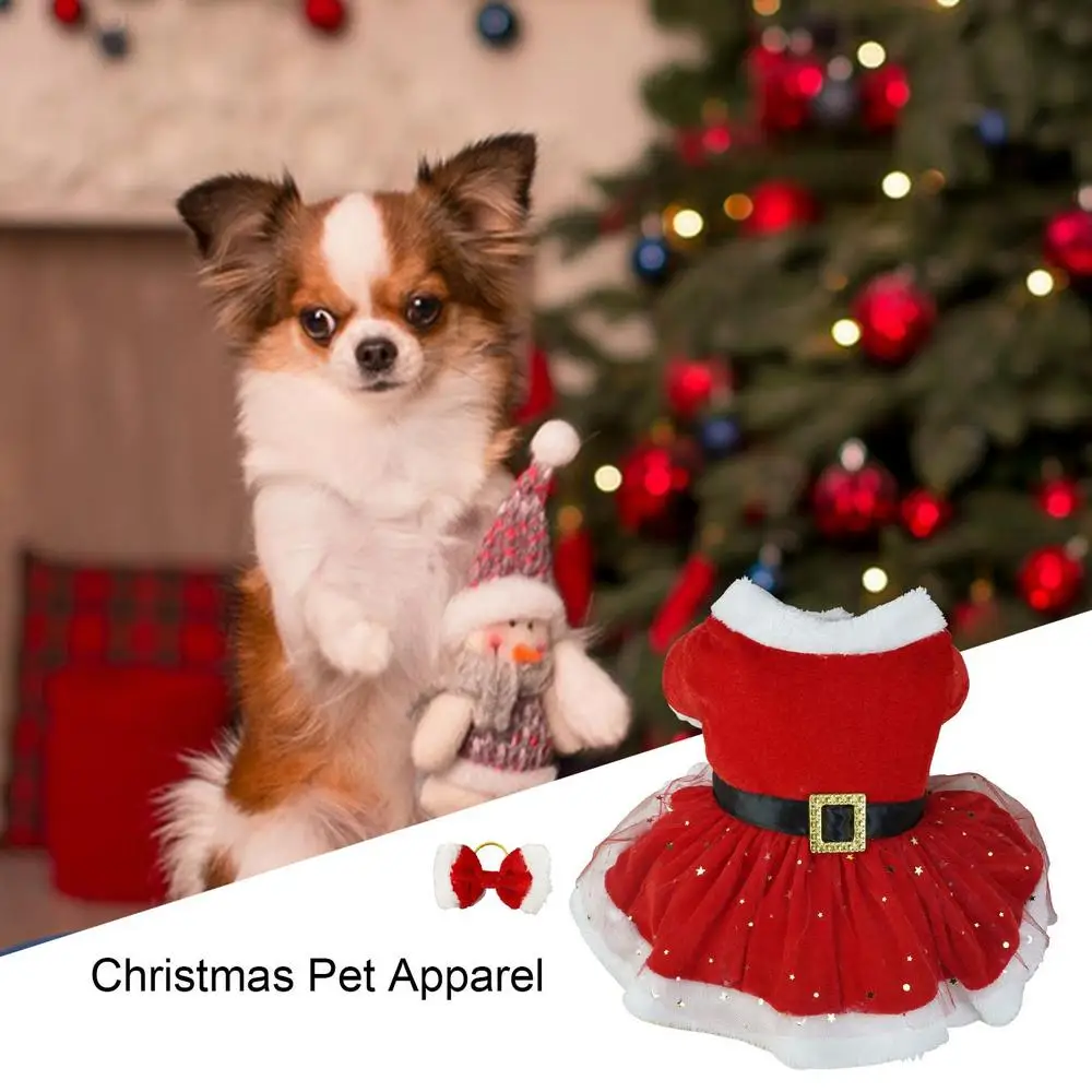 Christmas Dog Dress with Velvet & Tulle Skirt, Matching Bow Hair Tie, Cotton Material, Warm & Comfortable, 4 Sizes for Dogs 1.5-8kg, Ideal for Christm