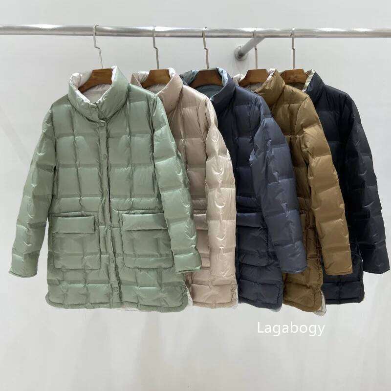 Lagabogy 2025 Autumn Winter Women Single Breasted Puffer Coat Warm 90% White Duck Down Jacket Female Long Double Sided Outwears