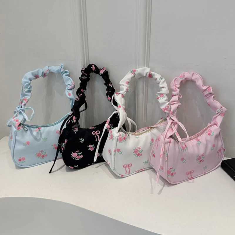 Womens Bags 2025 Summer Canvas Pleated Handbags Armpit Bag Korean Floral Bow Printed Zipper Tote Bag Female Small Shoulder Bag W250911